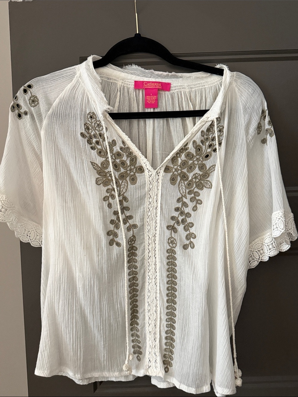 Catherine Malandrino White Blouse with Olive Embroidery